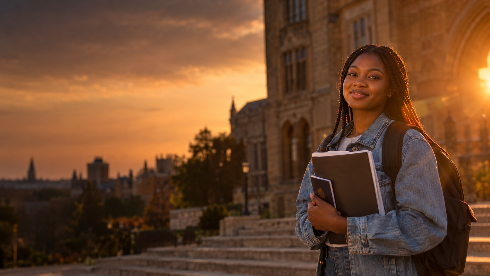 Student smiling on the steps of a university campus at sunset